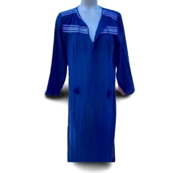 Land’s End Swim Coverup long sleeve sheer tassels embroidered modest Navy Small - Picture 1 of 16